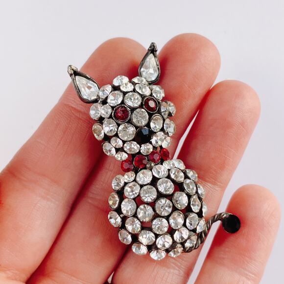 VTG Mid Century Figural Rhinestone Cat Brooch Clear Red Black Glass Stones Pin - Picture 5 of 11